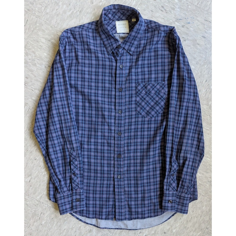Billy Reid Mens Blue Purple Plaid Cotton Button Down Shirt Standard Cut Large